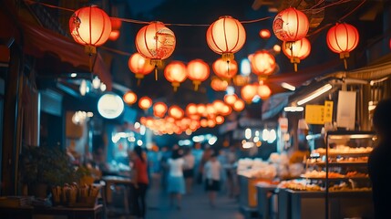 Illuminated Paper Lanterns Adorn a Bustling Evening Street Scene
