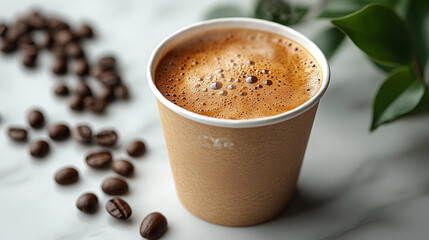 Fototapeta premium Freshly brewed coffee in a disposable cup next to coffee beans on a marble surface