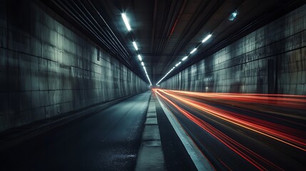 Fototapeta premium Streaking Lights Through a Concrete Tunnel at Night with Speeding Effect