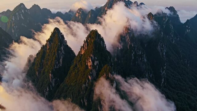 Misty mountain peaks covered with lush greenery at sunrise. Serene nature landscape