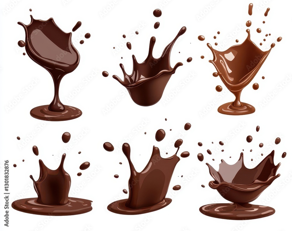 Aufkleber various chocolate splash designs showcasing dynamic movement of liquid chocolate with varied shapes 