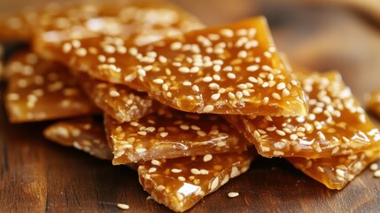Delicious homemade sesame brittle on a wooden surface, showcasing its crunchy texture and golden color.
