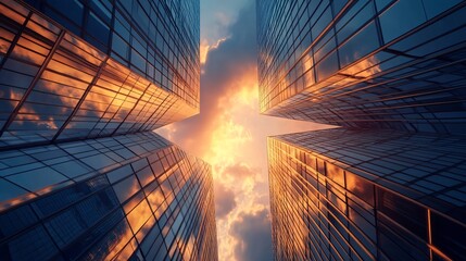 Futuristic Glass Skyscrapers Directly Below View Urban Architecture Cityscape Reflection Urbanization Modern Tall Building Design