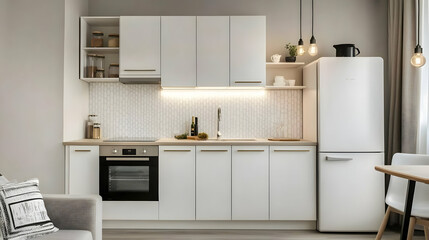 Photo Modern White Kitchen Interior Design, Appliances, Cabinets, Countertops