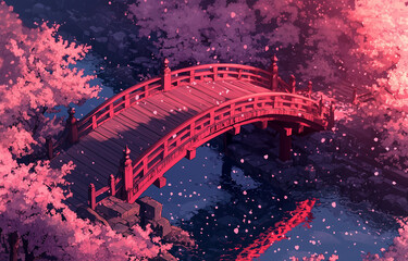 Obraz premium Lovely pink bridge over tranquil water surrounded by cherry blossom trees during sunset