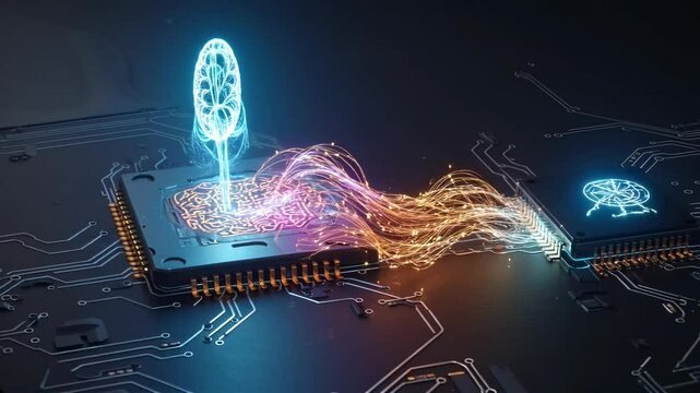 AI Training Neural Networks. Advanced neurochip and microprocessor, with a glowing neuron hovering above. Futuristic video in 4K resolution. AI genereted - Chip de Inteligencia Artificial