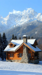 Snowy Wooden Cabin Amidst Snowy Mountains