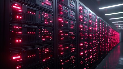 Servers blink in a data center, illuminated by red lights, against black wall
