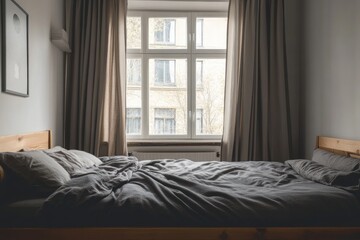 Unmade bed in minimalist bedroom with large window.