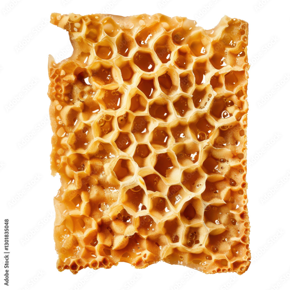 Poster honeycomb structure with golden color and hexagonal cells, showcasing natural sweetness and texture.