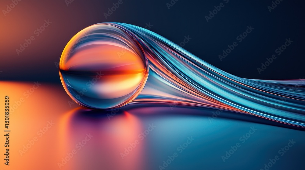 Wall mural sphere with light trails reflects warm and cool tones on dark smooth surface
