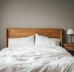 Unmade bed with white linens and wooden headboard against gray wall.