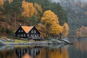 Fototapeta premium Autumn cabin by lake, tranquil scene, scenic view