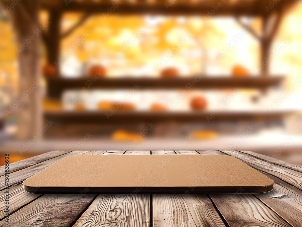 Poster background image - empty wooden table top with blurred autumn background