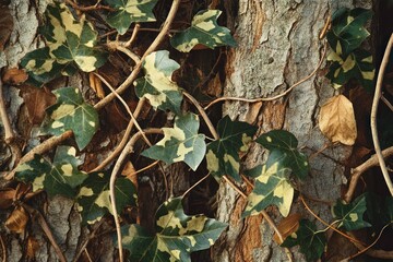 Variegated ivy climbing tree bark.