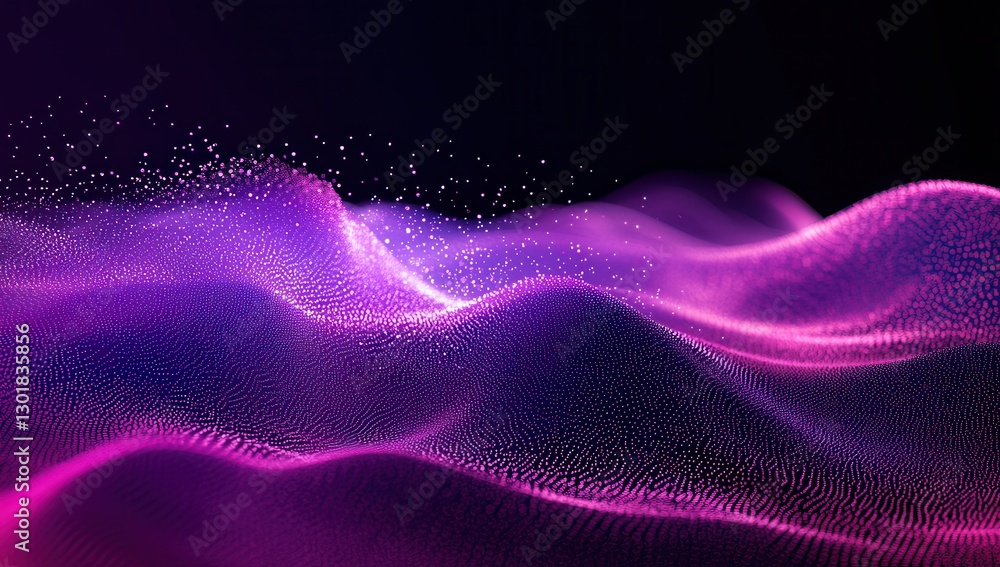 Poster vibrant abstract waves of pink and purple particles flowing across a dark background for dynamic vis