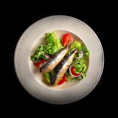 Sardines in oil on a beautiful plate with fresh salad and delicious vinaigrette, a gourmet seafood dish with vibrant flavors, healthy greens, and zesty dressing for a Mediterranean-inspired meal.