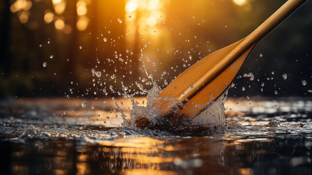 Wooden paddle splashing water at sunset on calm lake