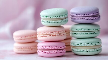 Obraz premium A colorful assortment of pastel macarons stacked elegantly, showcasing delightful shades of pink, green, and lavender.