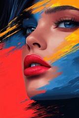 Stunning portrait of a woman with vibrant face paint in bold colors against an artistic backdrop