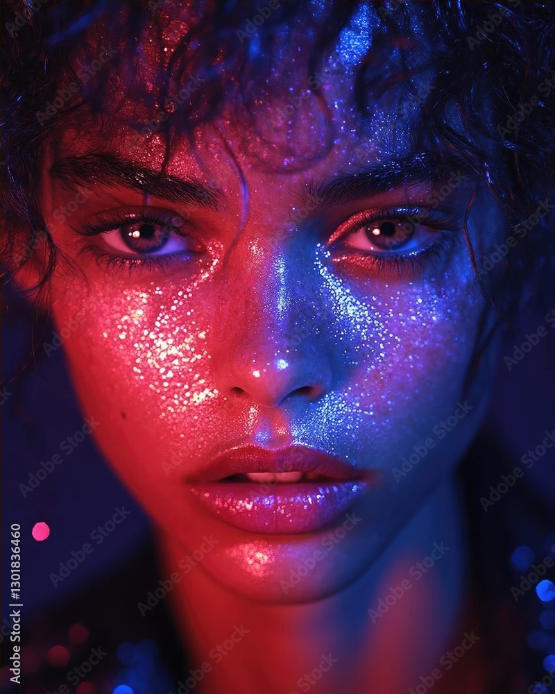 Poster close-up portrait of a model with shimmering skin under colorful lighting in a studio setting