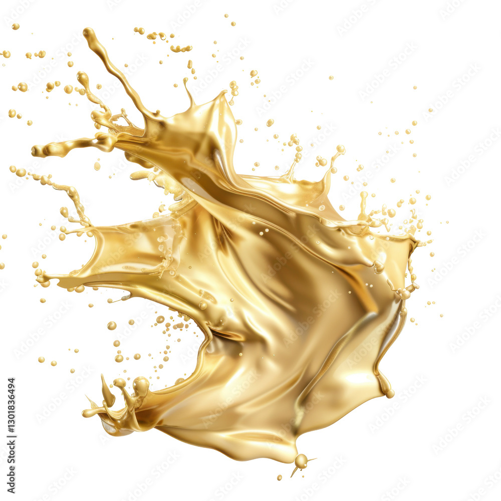 Poster golden liquid splash with droplets creating dynamic and vibrant effect. shiny texture and fluid moti