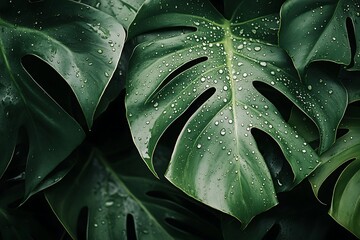 Closeup of Lush Tropical Leaves with Water Drops