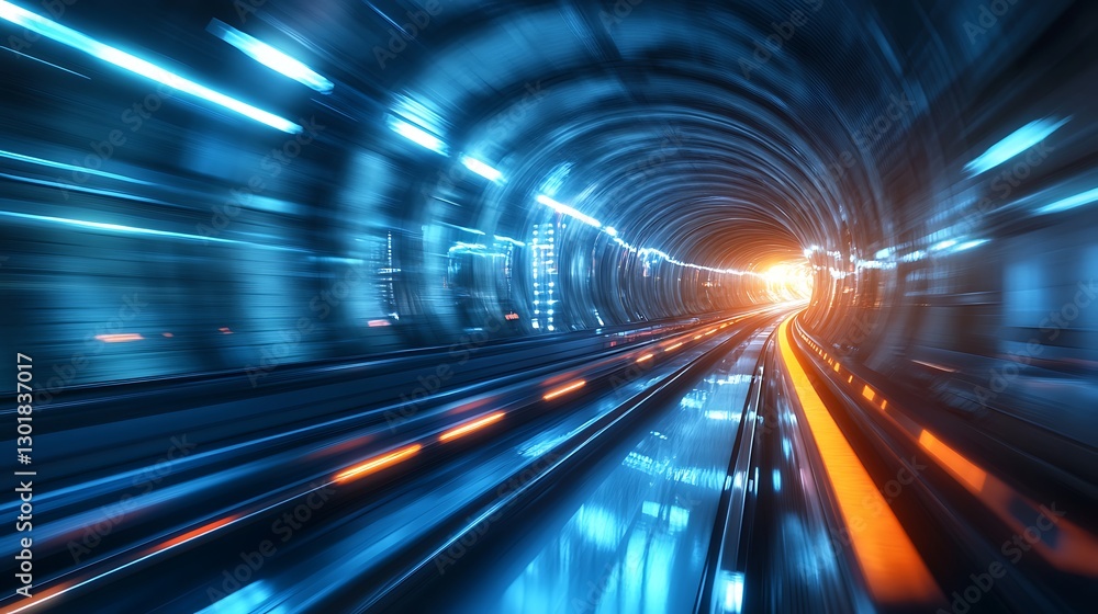 Poster moving through a futuristic tunnel with speeding lights and reflections