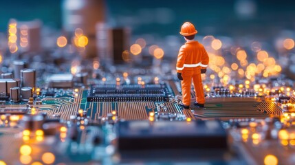 Miniature Worker Standing on Circuit Board with Bright Lights