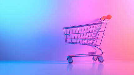 The glowing neon light shopping cart stands out on a soft pastel gradient backdrop, representing a vibrant online store experience.