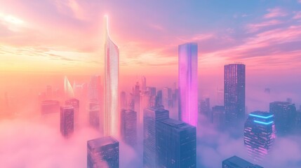 Fototapeta premium Dreamy Cityscape at Dawn: A Futuristic Metropolis Shrouded in Pastel Mist