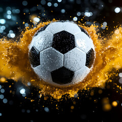 Naklejka premium 3D Soccer Ball Explosion - Orange Paint Splatter on Black Background