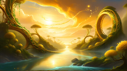 Golden fantasy landscape river trees