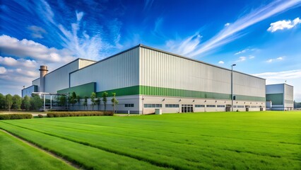 Obraz premium Modern eco-friendly factory with green lawn and blue sky