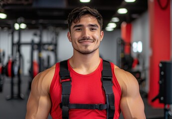 Fototapeta premium Fit Young Male Athlete Smiling in Gym Environment with Equipment
