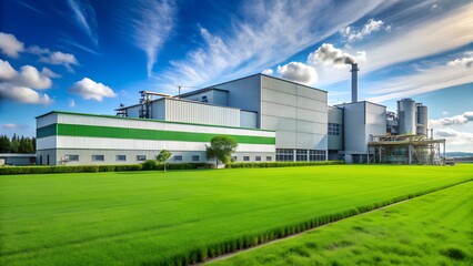 Fototapeta premium Modern eco-friendly factory with green lawn and blue sky