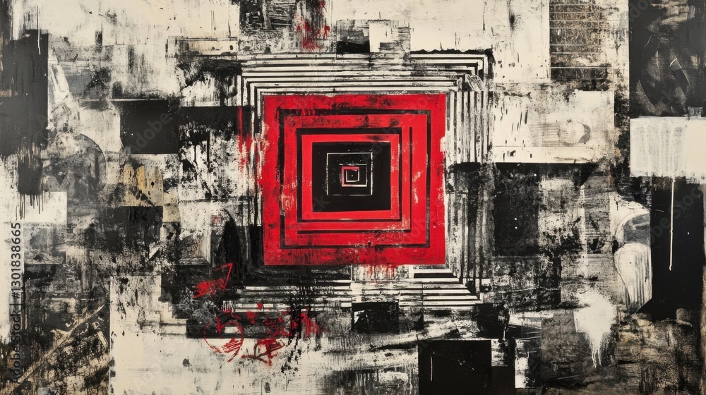 Poster red and black concentric squares creating tunnel effect in abstract painting