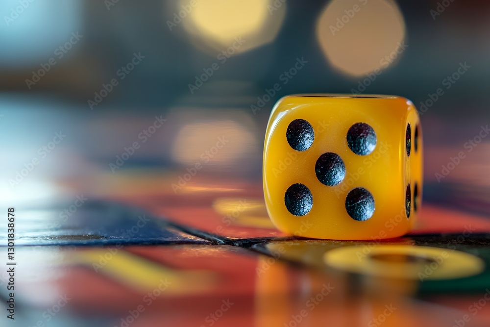 Aufkleber close-up of yellow die on colorful board with bokeh background