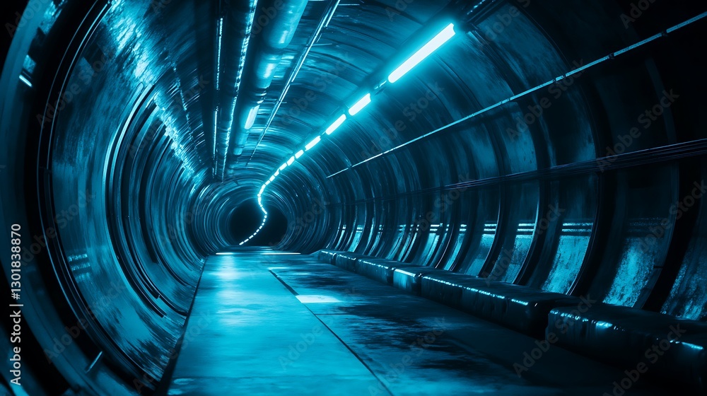 Poster exploring a lit tunnel with round structure and futuristic design