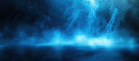 Blue smoke filling a dark room with reflective floor