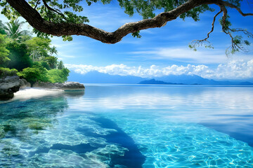 Photo - Tropical Paradise Beach, Ocean, Sky, Clouds, Trees, Island, Nature, Landscape, Travel, Summer