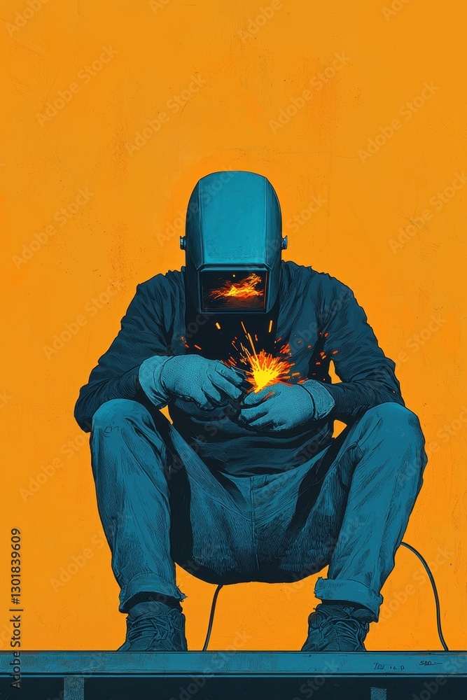Poster welder concentrating while creating sparks during metalwork project