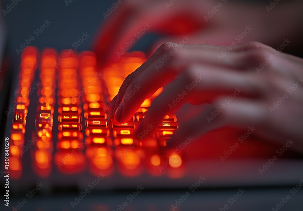Poster close-up of hands typing on a backlit keyboard with red lighting