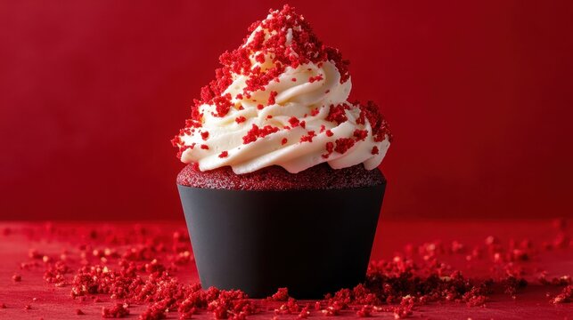 A delectable red velvet cupcake topped with creamy frosting and sprinkles, set against a vibrant red background.