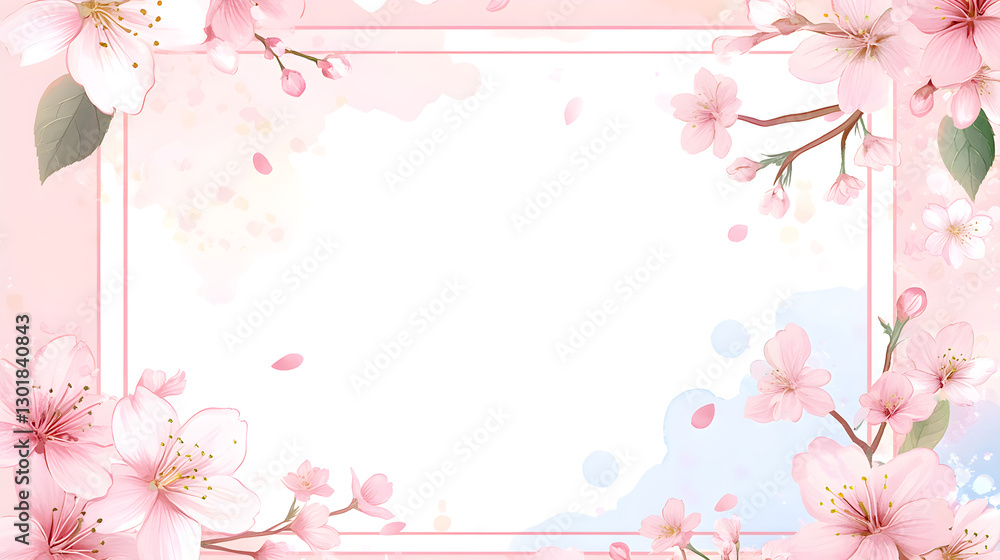 Poster rectangular frame bordered with sakura blossom close-up with soft focus and pastel colors