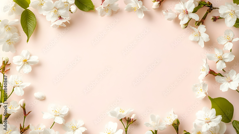 Poster rectangular frame bordered with sakura blossom close-up with soft focus and pastel colors