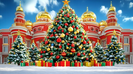 Obraz premium 3D Illustration Christmas Tree, Ornaments, Gifts, and Red Building in Snow