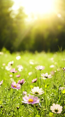 Fototapeta premium Photo Background - Sunlit Meadow Wildflowers, Nature Green Grass Spring Bloom