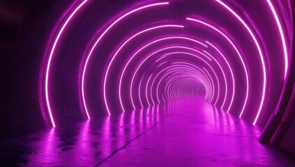 Fototapeta premium Vibrant Pink Neon Tunnel with Circular Lights Creating a Futuristic Atmosphere and Reflective Surface for Creative Visual Projects