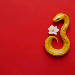 Obraz premium Illustration - Golden Snake and White Flower on Red Background